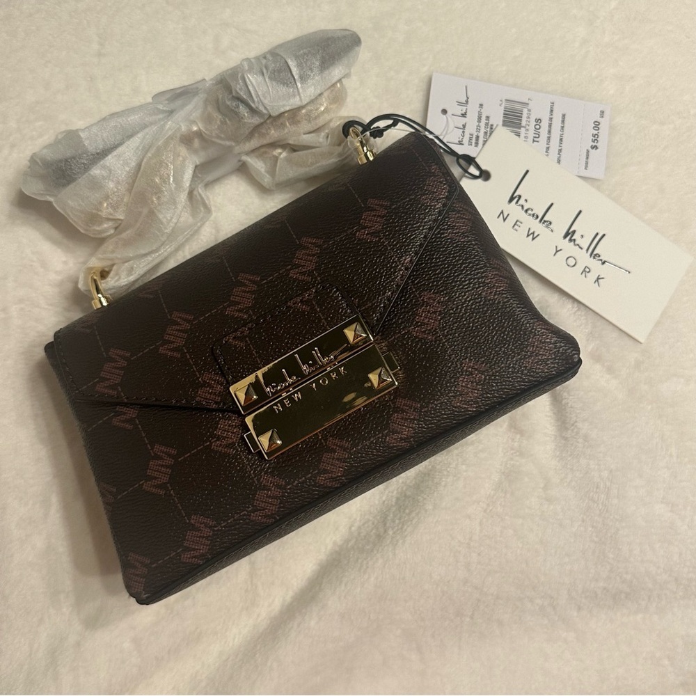 Nicole Miller Elegant Brown Logo Crossbody Bag with Gold Chain NWT